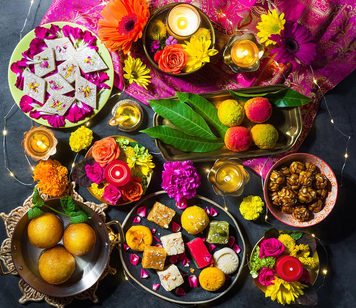 Celebrate Diwali with traditional foods and snacks.